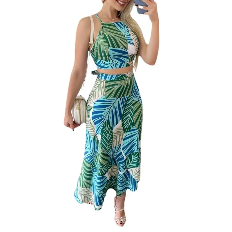 Jurk met bloemenprint Zomer casual pak Nieuw bedrukt bijgesneden kanten vest Hoge taille rok Tweedelige jurkset Strandjurkset