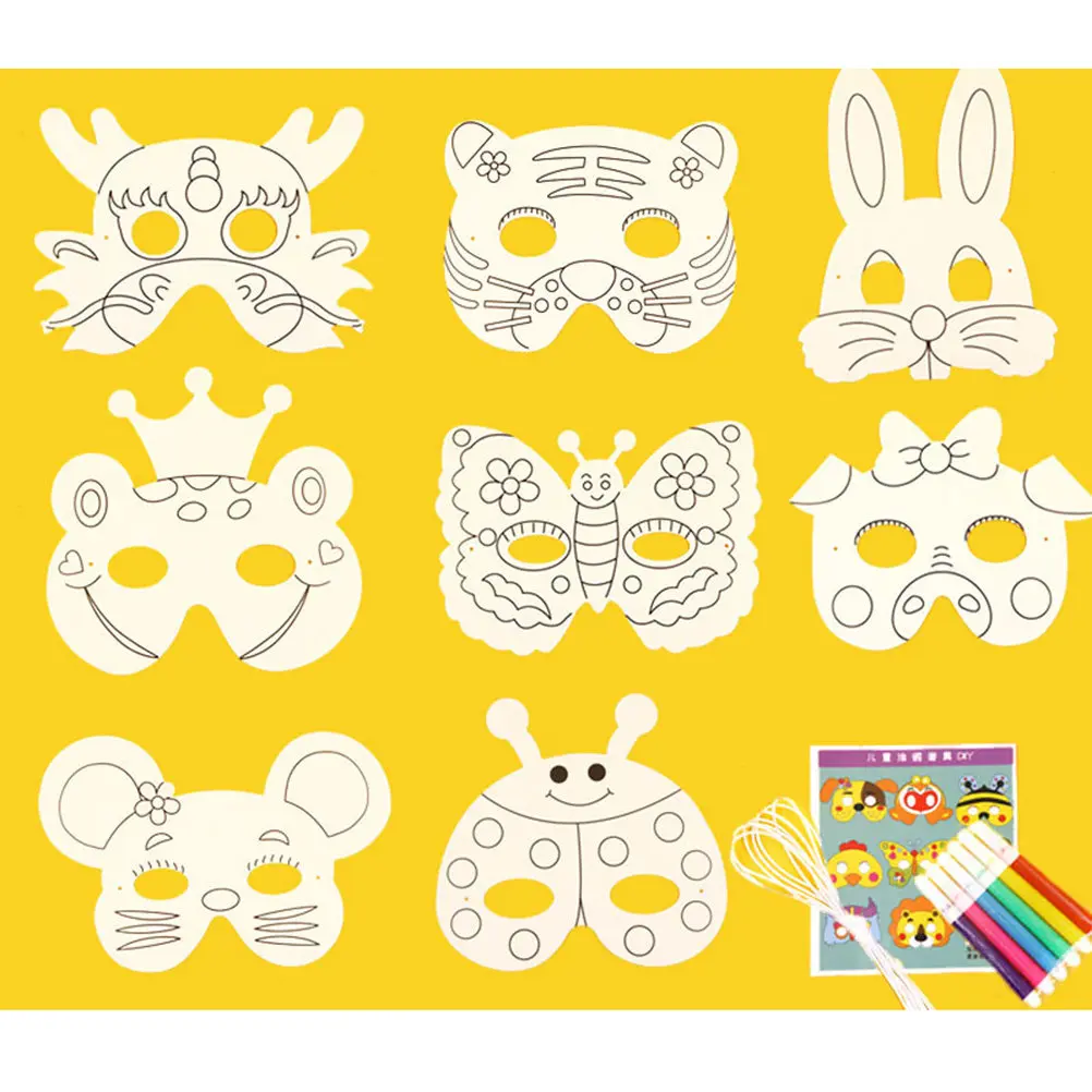 

10Pcs Drawing White Mask Childrens DIY Art Craft Kit for Painting Colorful Animal Face Mask Decorative Project