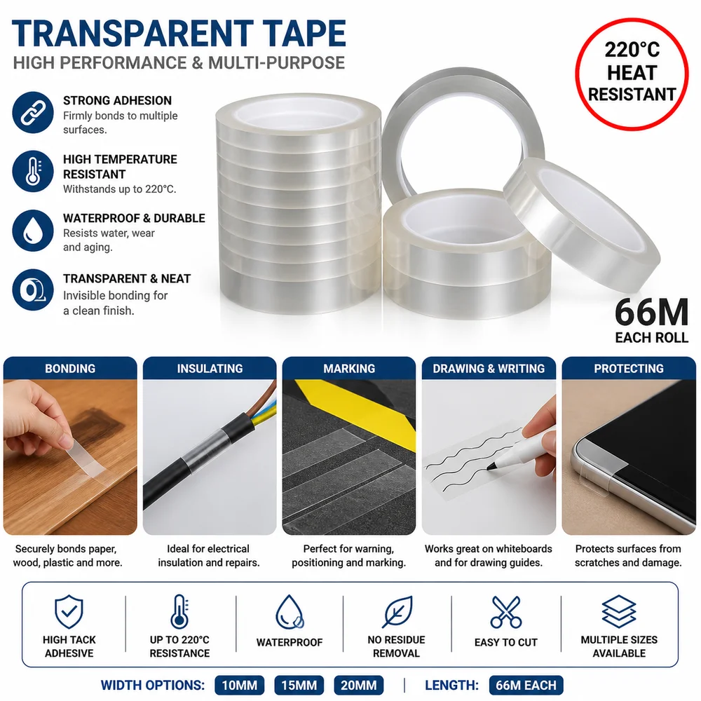 10mm Width Transparent Tape High Tack Waterproof Adhesive Tape Non Marking Heat Resistant Drawing Transformer Tape Desktop Use