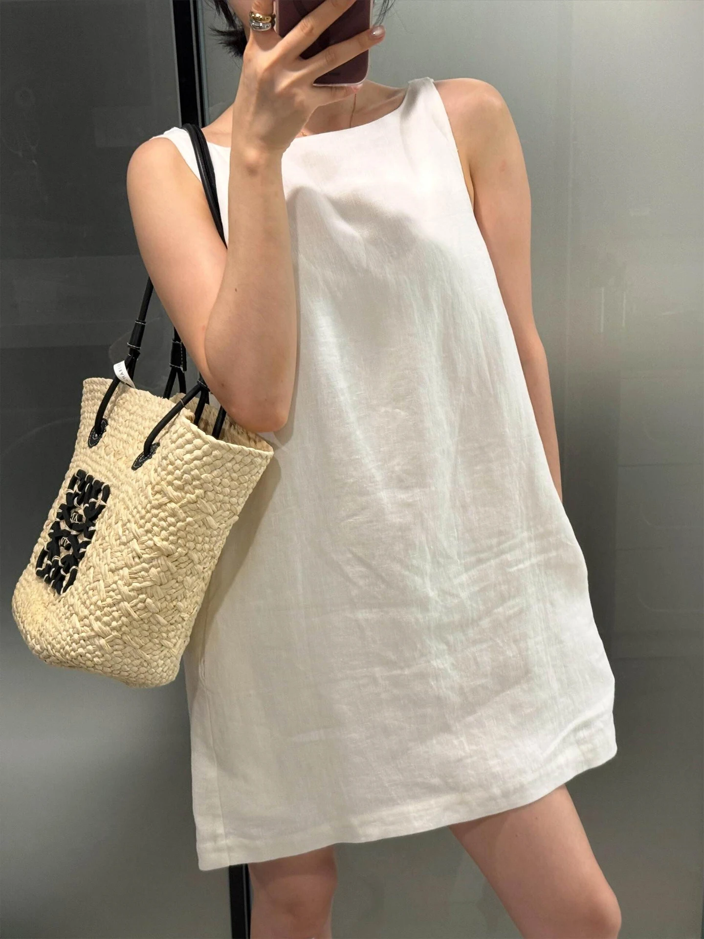 Korean Style Sleeveless A-Line Dress Women's Holiday High Waist Linen Crop Top Vest Strapless Dress Summer Minimalist