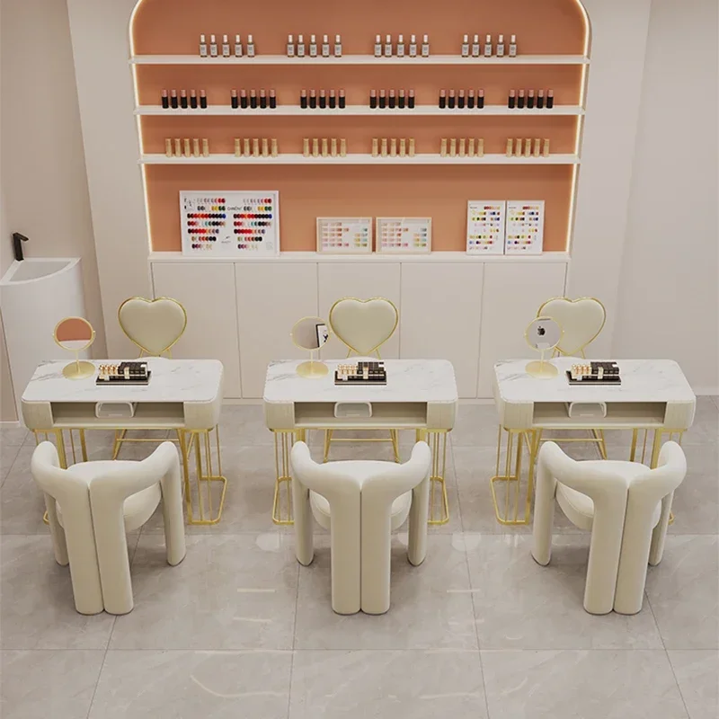 Cream Style Nordic Marble Nail Tables Modern Design Iron Work Artist Dressing Nail Tables Professional Salon Furniture Mesa FYMT