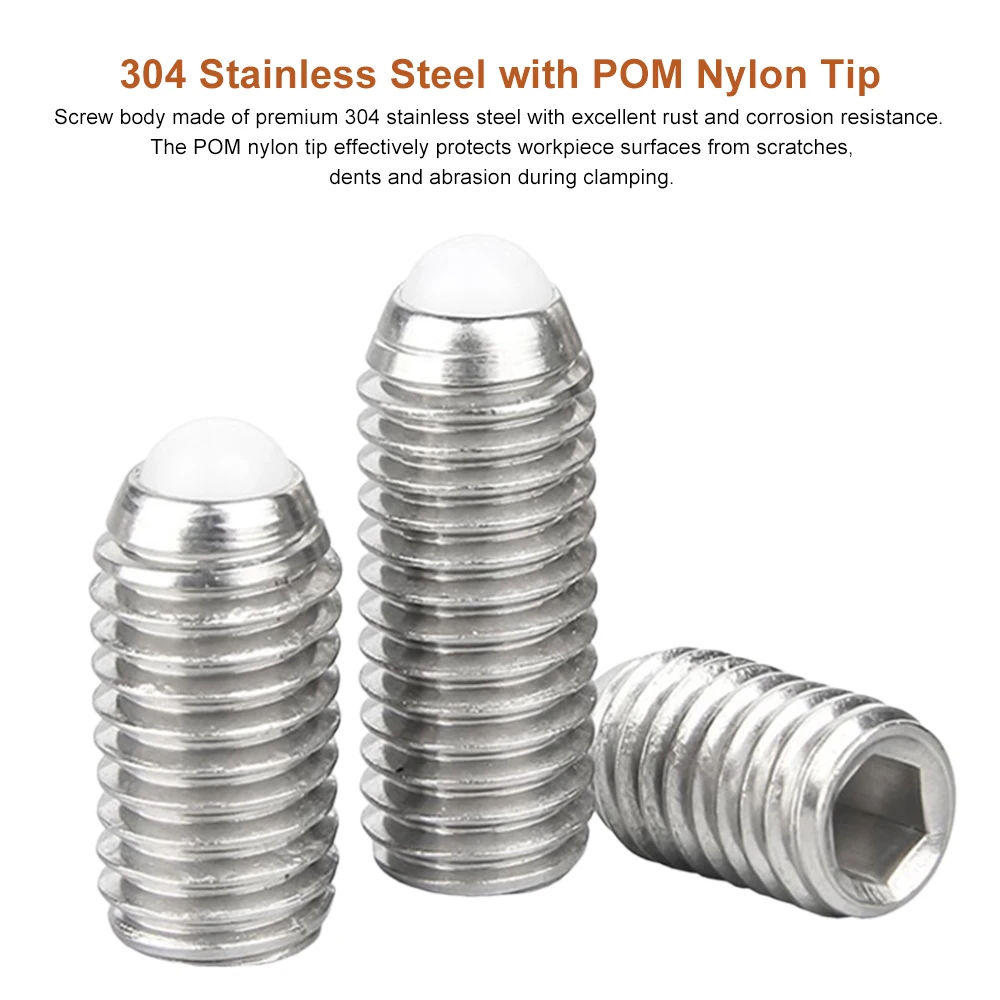 304 Stainless Steel POM Nylon-Tip Ball Point Set Screw M3 M4 M5 M6 M8 Hex Socket Allen Spring Ball Plunger Grub Set Screw