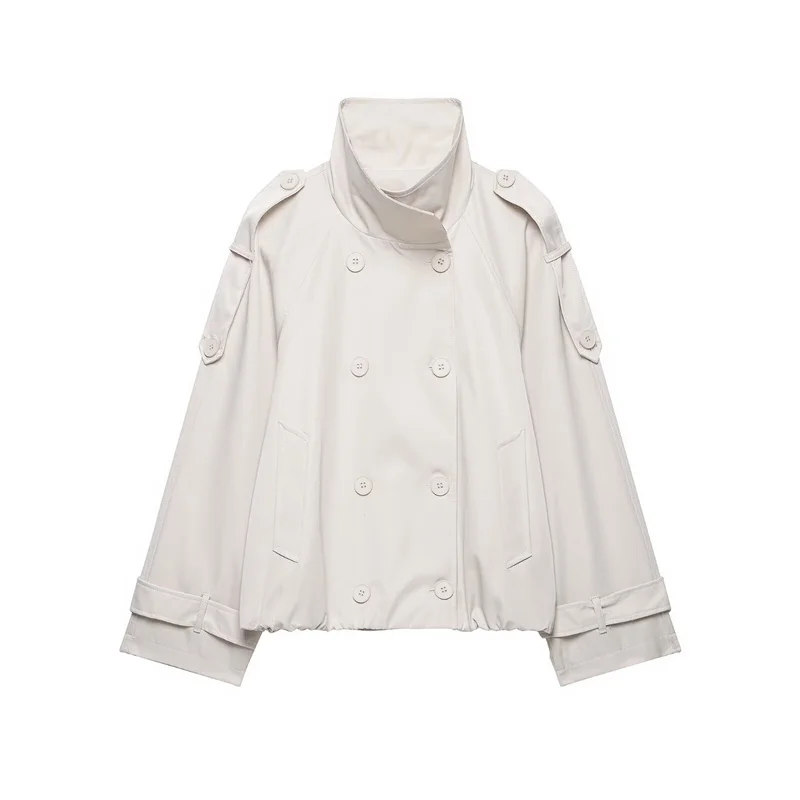 Guobioziy Women's Jacket 2026 Early Autumn New Casual Fashion Long Sleeve Stand Collar Structured Double-Breasted Trench Coat