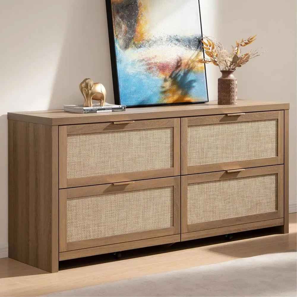 

Тумба в стиле бохо из ротанга с 4 глубокими ящиками для спальни, детской или в качестве подставки под телевизор (из переработанного тика, 4 ящика)