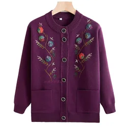 #0116 Winter Knitwear Cardigan Women Embroidery Flower Vintage Single Breasted Sweater Femme Middle Aged Slim Knitted Coat Warm