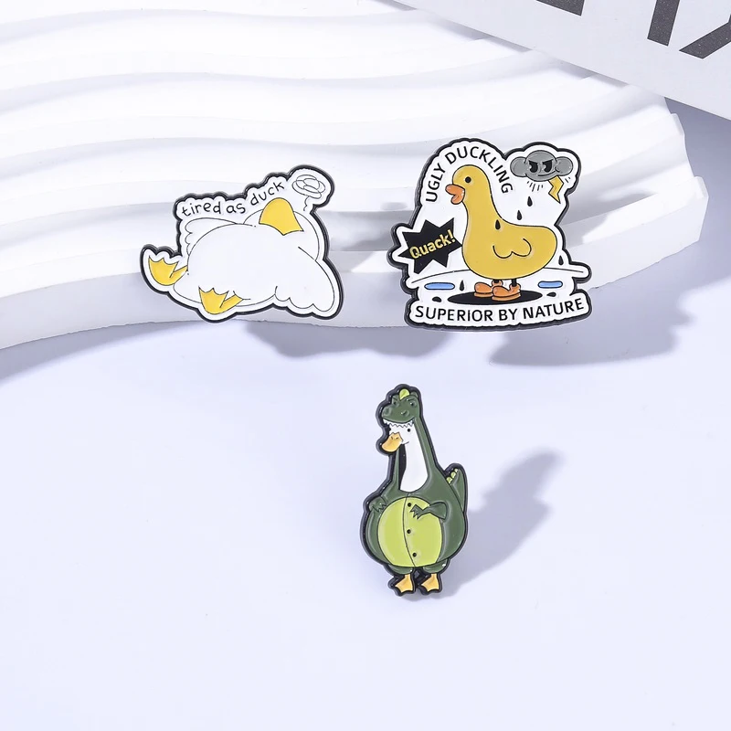 Duck Cosplay Wearing Dinosaur Costumes Enamel Pin Quack! Ugly Ducking Superior By Nature Tired As Duck Brooch Badge Jewelry Gift