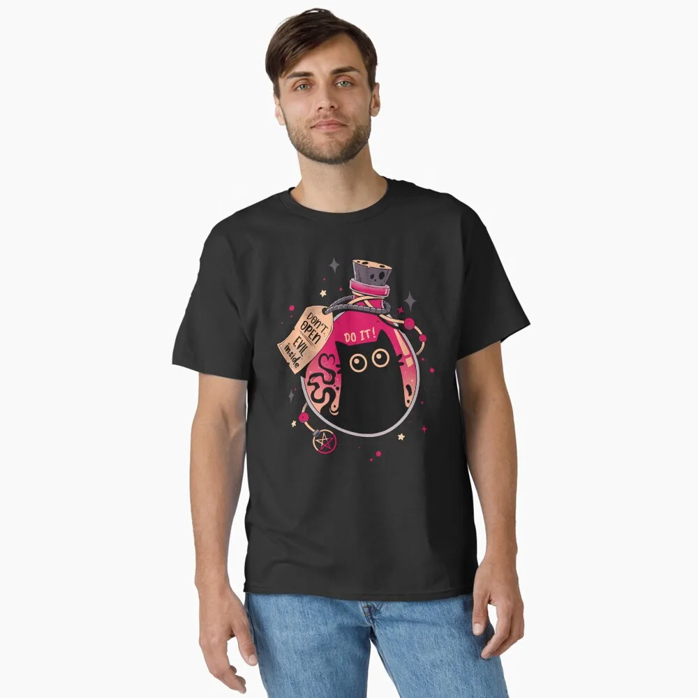 Bottled Menace Evil Black Cat Classic T-Shirt Men Women Casual Streetwear Loose Fit Top Trendy Humor Fashion Tee Gift