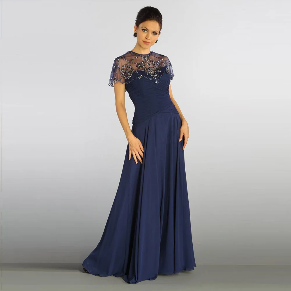 Customized Crystal Mother of the Birde Dresses for Women Illusion Beaded Wedding Guest Dress A Line Elegant Prom Gowns Navy Blue