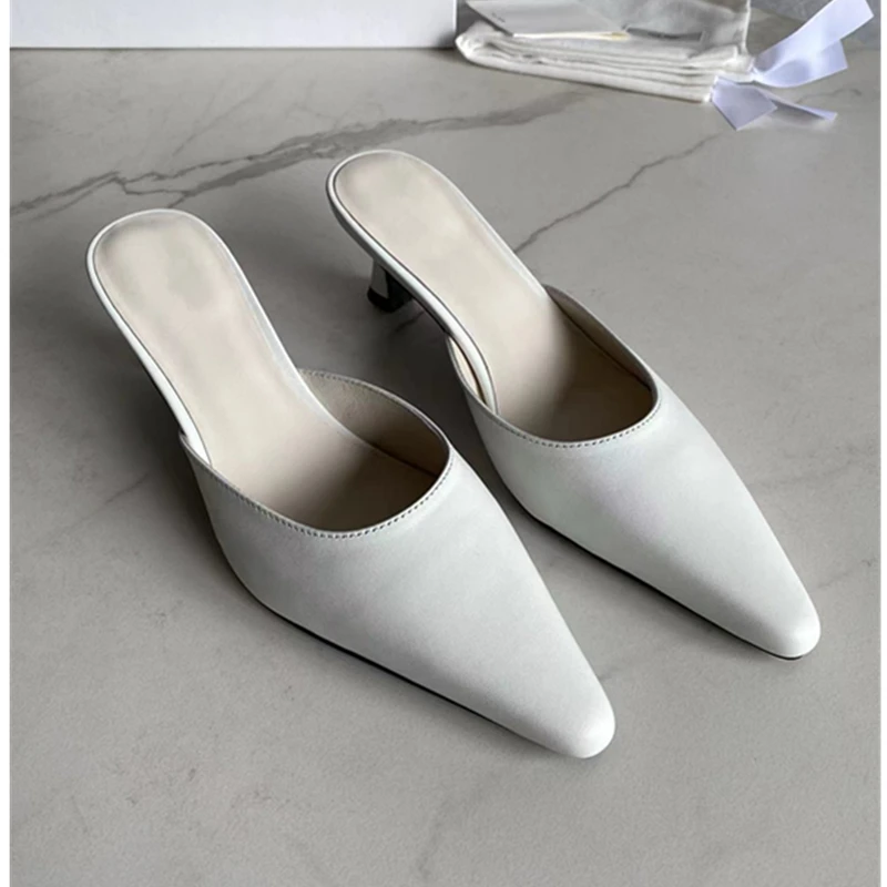 Dave&Di Nordic Minimalist Leather Sandals Muller Shoes Women Retro Pointed Head High Heel Shoes Ladies