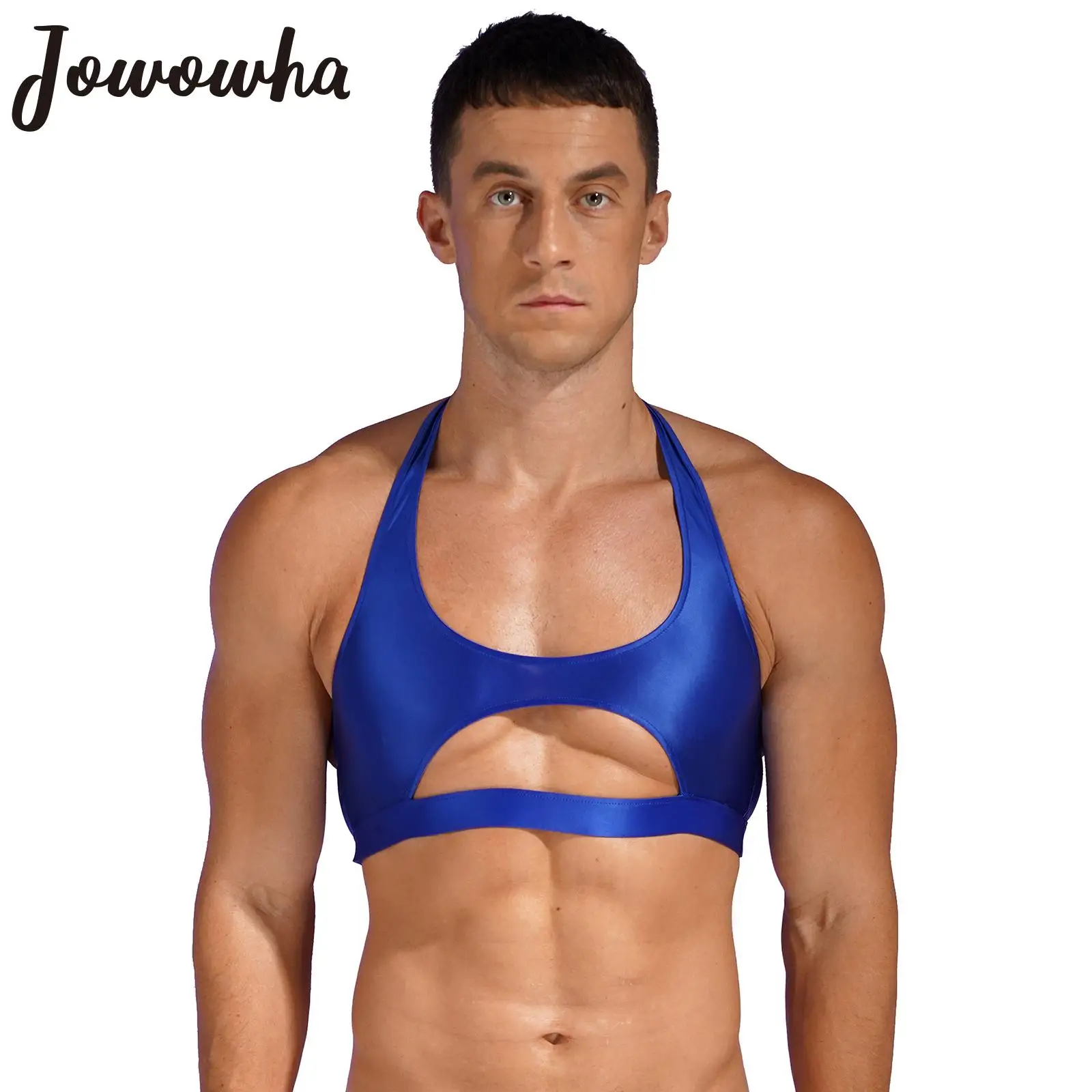 Mens Glossy Cutout Halter Vest Stretchy Backless Crop Top Workout Vest Tops Gym Fitness Pool Party Nightclub Clubwear Sportswear