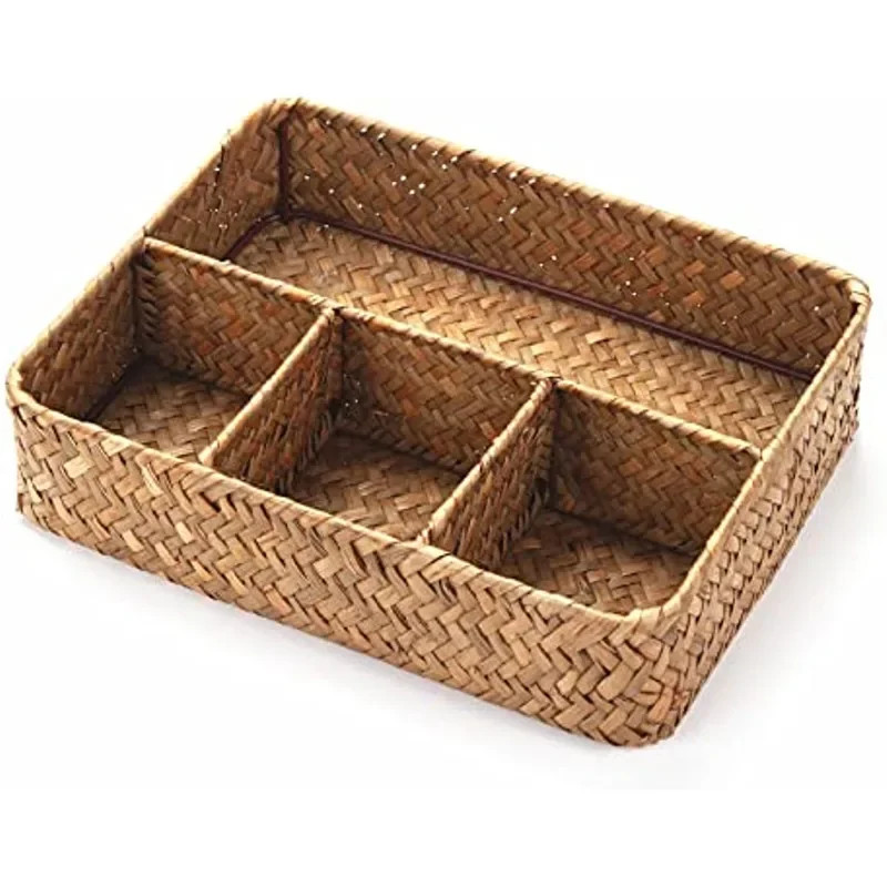 

Tea Bag/Sugar Packet Holder Coffee Station Condiment Organizer Seagrass Storage Basket Wicker Rattan Divided Basket Organizer