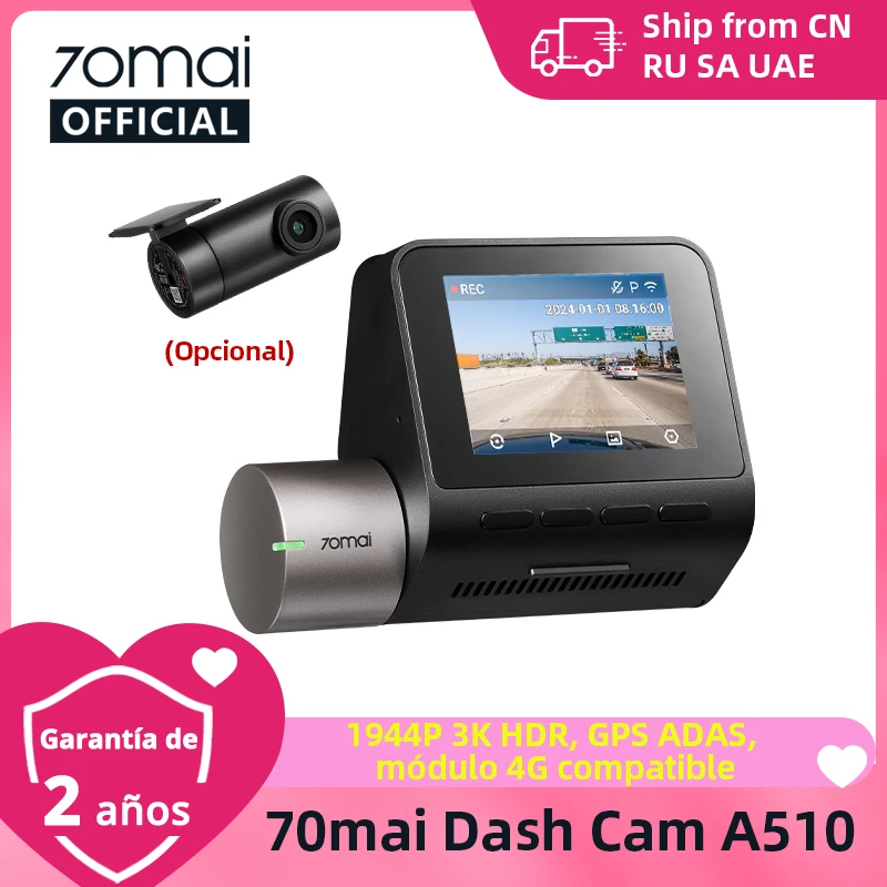 70mai Dash Cam A510 1944P HDR GPS ADAS 4G conectividad 70mai 4G cámara frontal A510 coche DVR 24H soporte de estacionamiento cámara trasera