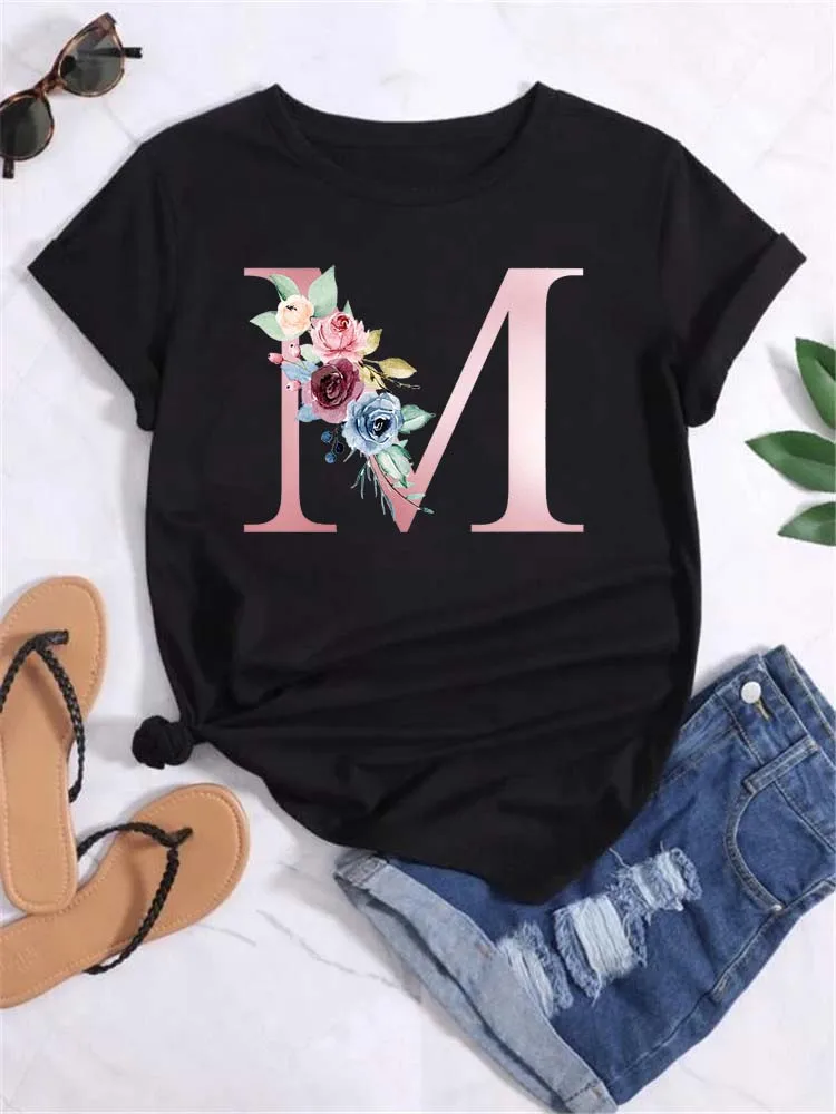 Maycaur Custom Name Letter Combination Fashion Women T-shirt Pink Flower Letter Font A-Z Short Sleeve Tops Black T-shirt Female