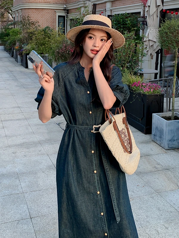 Retro Hong Kong Sle Light Wa Denim Dr Women's Summer 2025 New Waist-Cinching Slimming High-End Feeling irt Long Dr