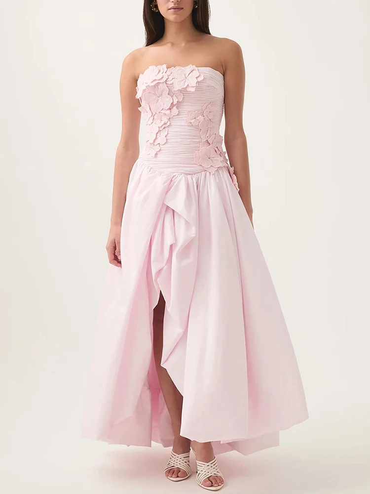 2025 Solid Slim Elegant Dresses for Women Strapless Sleeveless Patchwork Applique Split Irregular Hem Midi Dress Female Clothing