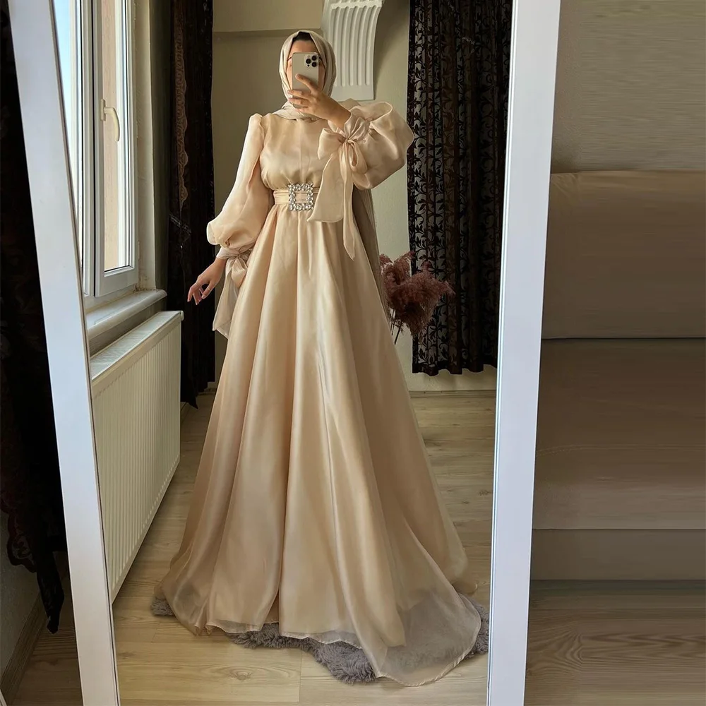 

Sevintage Modest Champagne Prom Dresses Long Sleeves High-Neck A-Line Arabic Muslim Evening Dress Turkish Formal Party Gowns