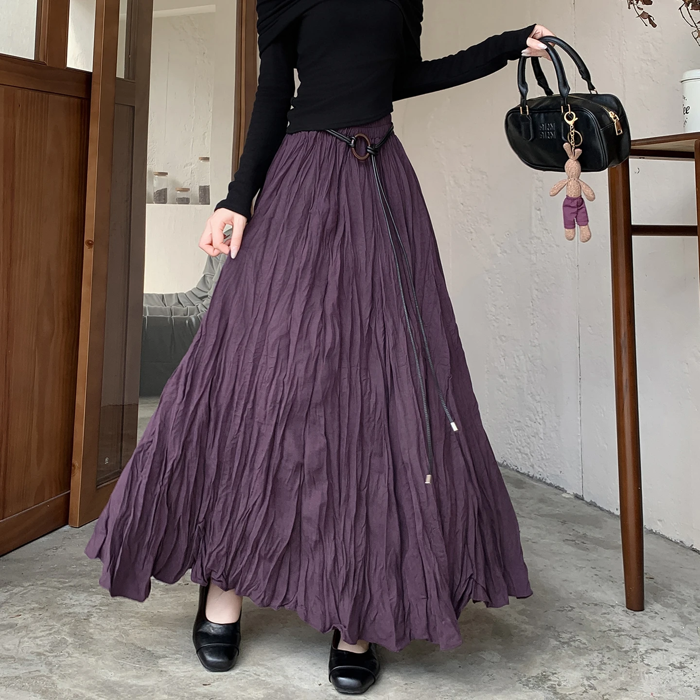 

Осень 2024, новые модные свободные повседневные плиссированные длинные юбки, женская юбка-майкс с высокой талией и поясом, элегантные юбки для пляжного отдыха в стиле ретро