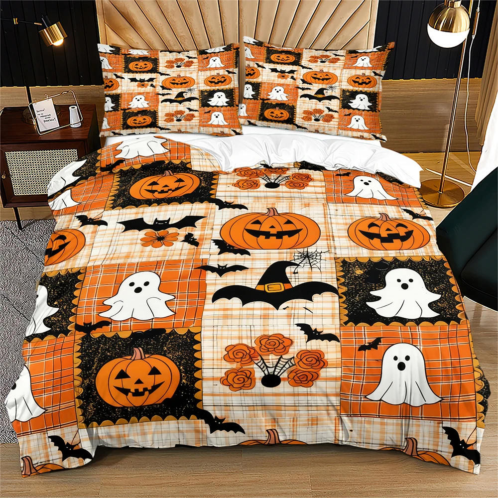Cute Halloween Duvet Cover Set Orange Plaid Patchwork Ghost Pumpkin Bat Floral Bedding Set, Soft Microfiber Quilt Cover Bedroom