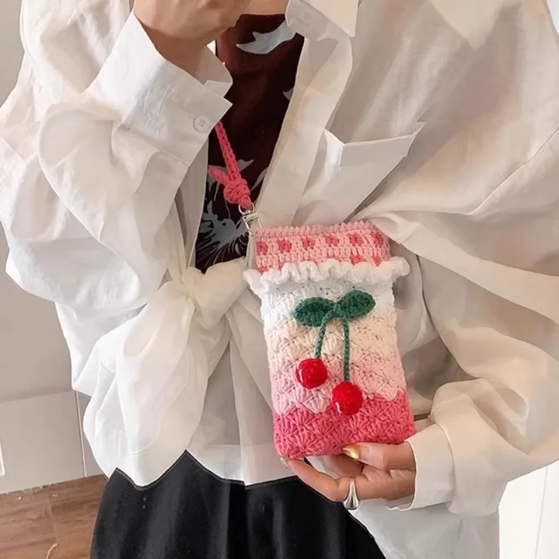 

Cherry Knit Crossbady Bag Portable Phone Sac Femme Teenage Girls Bolso Sweet New Bolsos De Mujer 2025 Ins Bags for Woman