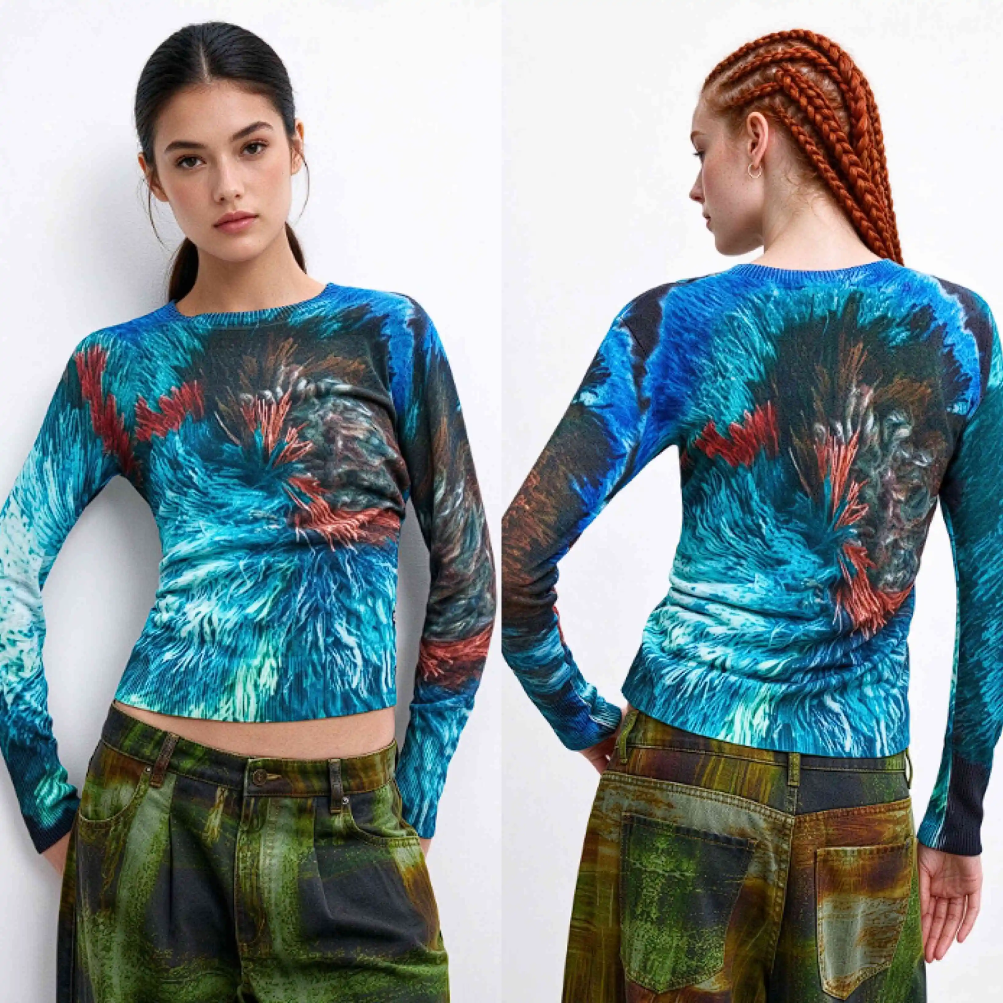 26 Autumn/Winter Spanish Original New Arrivals Blurred Feather Print Round Neck Women's Knit Sweater