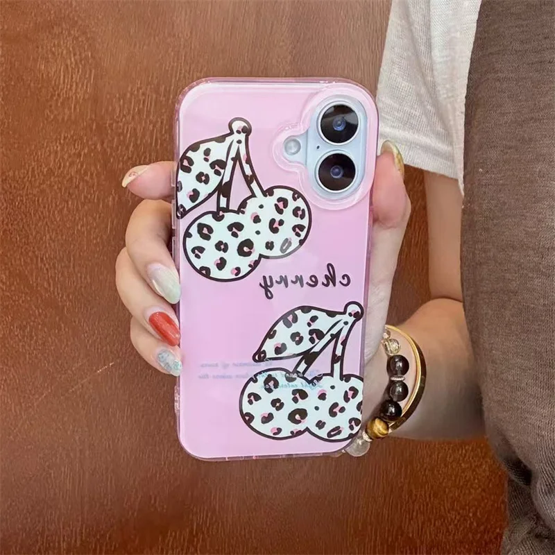 

Korean Pink Cute Leopard Print Cherry Phone Case For iPhone 17 Pro 16 15 14 Pro Max Back Cover Shockproof Protective Cases Capa