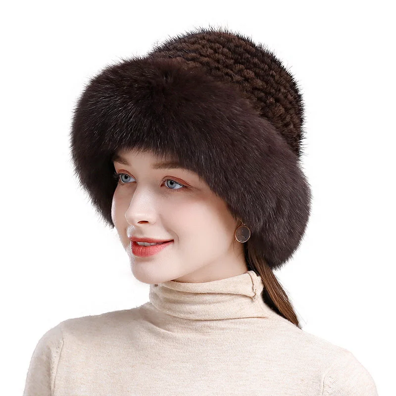 New Genuine Real Natural Knitted Mink Fur Hat Cap Luxury Women Handmade Knit Fashion Winter Headwear Warm Real Fox Fur Beanies