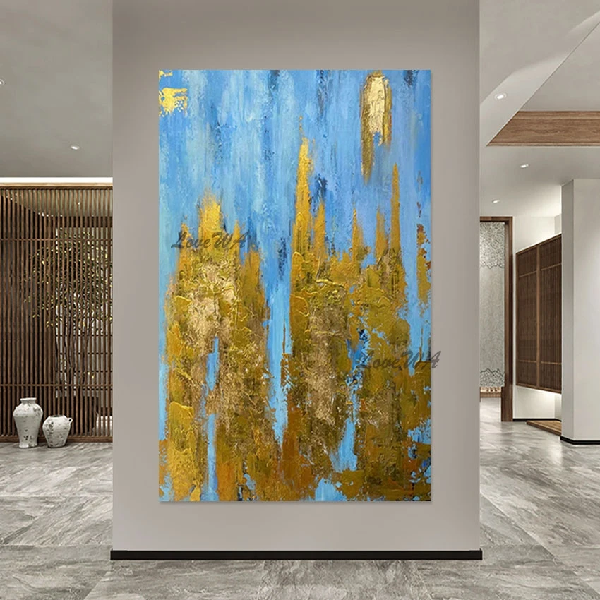 Gold Foil Abstract Canvas Oil Paintings Frameless Modern Sofa Background Wall Decorative Art Picture Blue Textured Hand Drawing