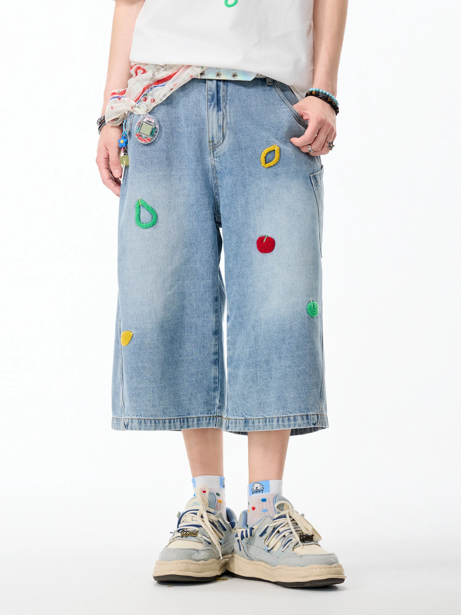 Calças Jeans LAMLICKA American Embroidery Azuis de Perna Larga Casuais Unissex Verão Vintage Soltas Retas de Algodão Denim