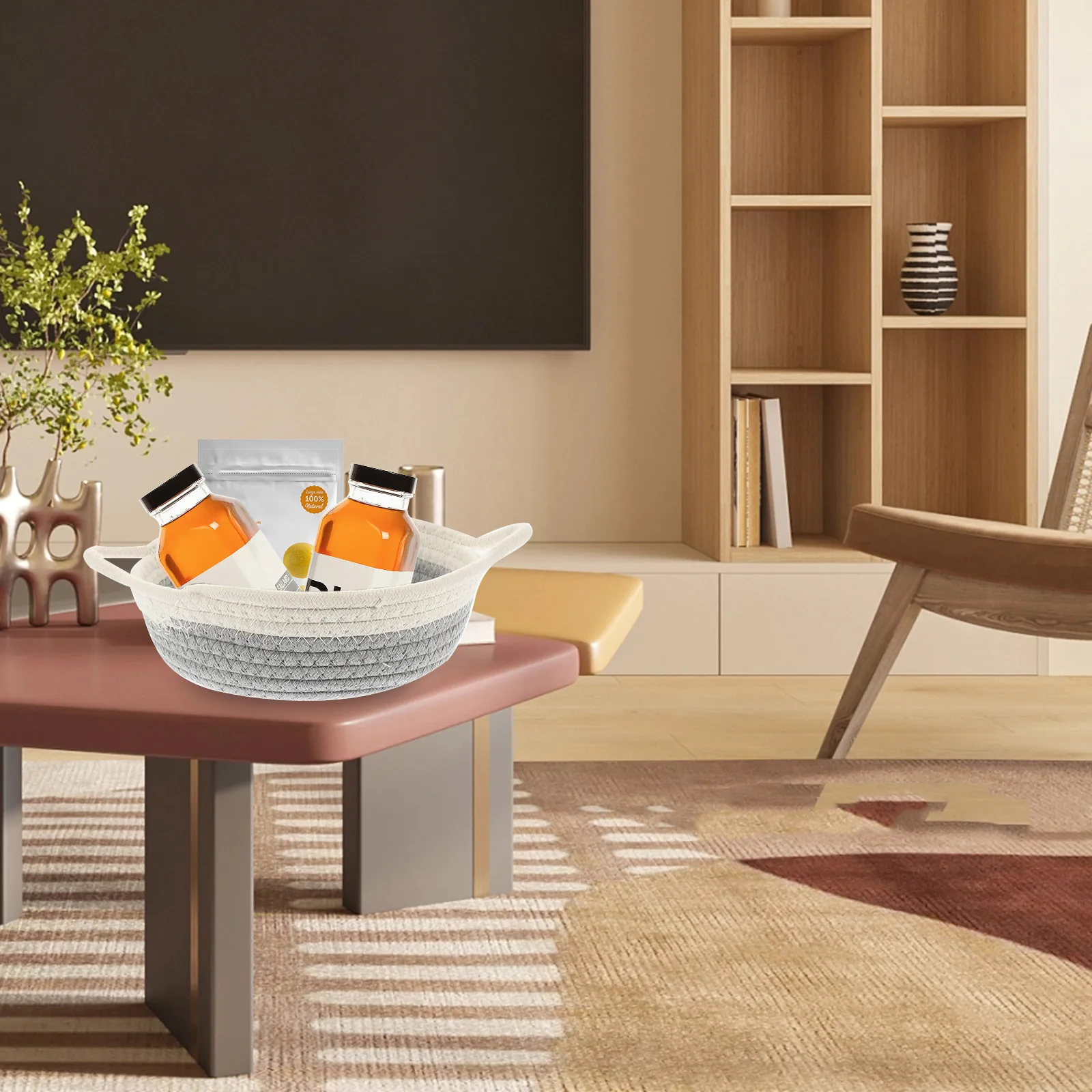 

Color-Blocking Cotton Rope Organizer Woven Basket Gentle Texture Desktop for Cosmetics Makeup Sundries for Storage