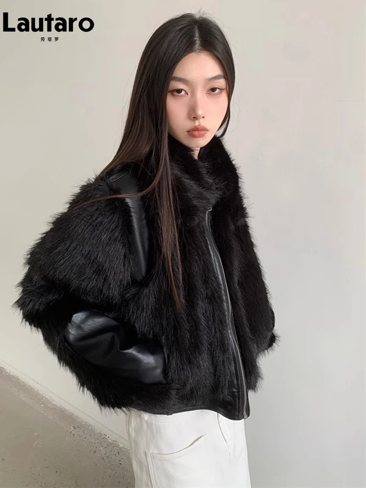 Lautaro Autumn Winter Cool Short Black Soft Thickened Warm Hairy Shaggy Patchwork Faux Fox Fur Coat Women Fluffy Jacket 2023