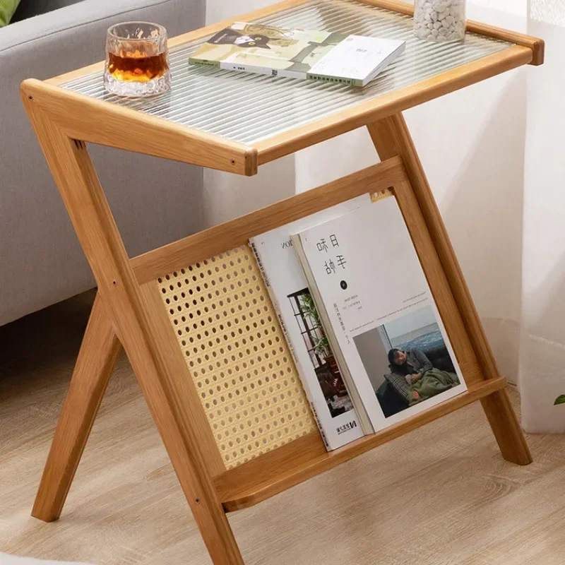 Side Table Z Shape Mobile Cabinet with Tempered Glass Top Living Room Furniture Simplistic Bamboo Bedside Coffee Table Modern