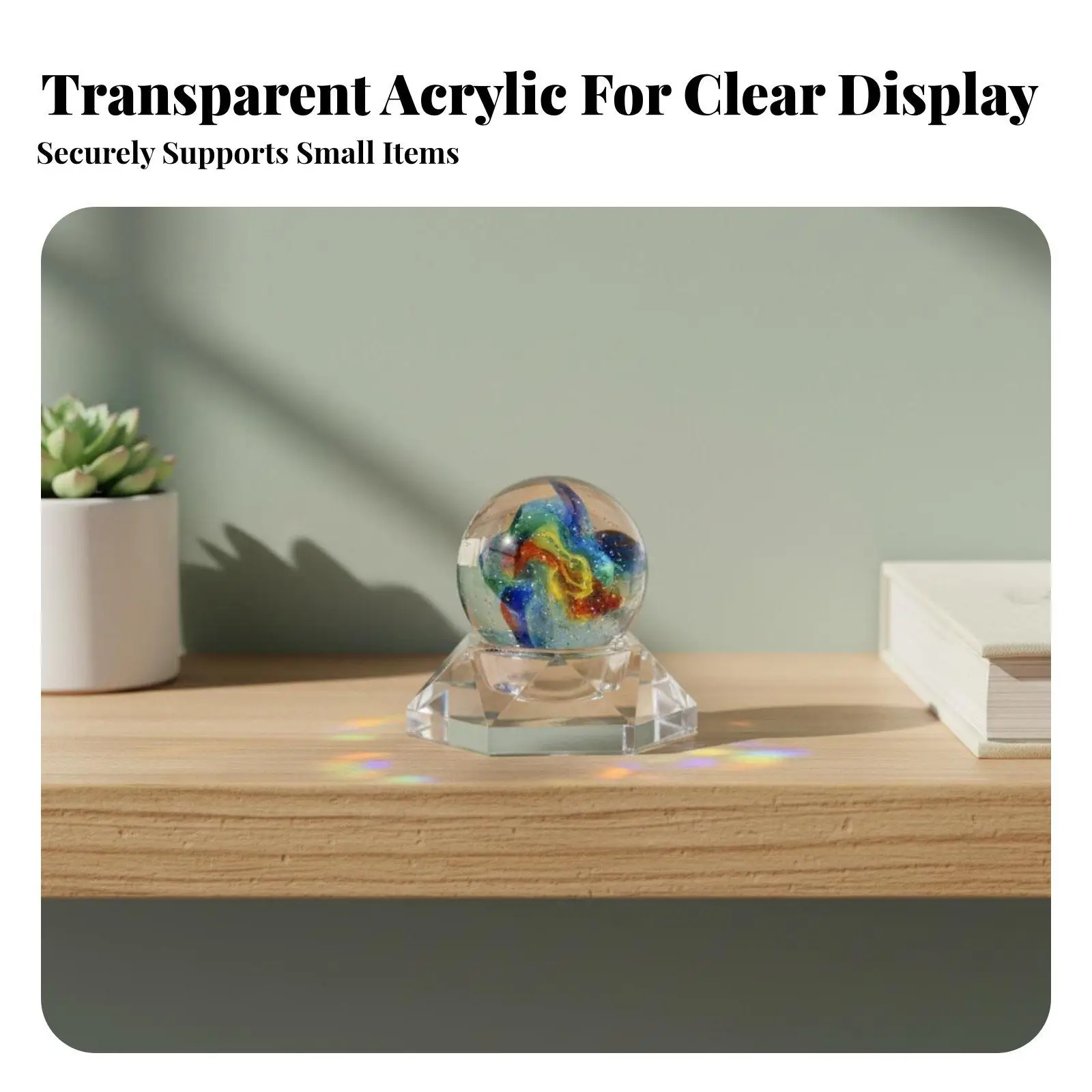 Transparent PET Crystal Ball Holder with Hexagonal Base for Acrylic Showcase and Miniature Display Stand for Collectibles