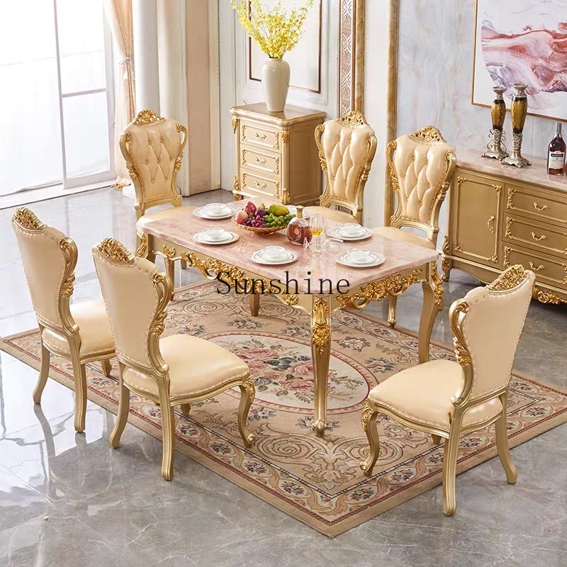 

European dining table and chair combination, champagne gold solid wood marble luxury dining table