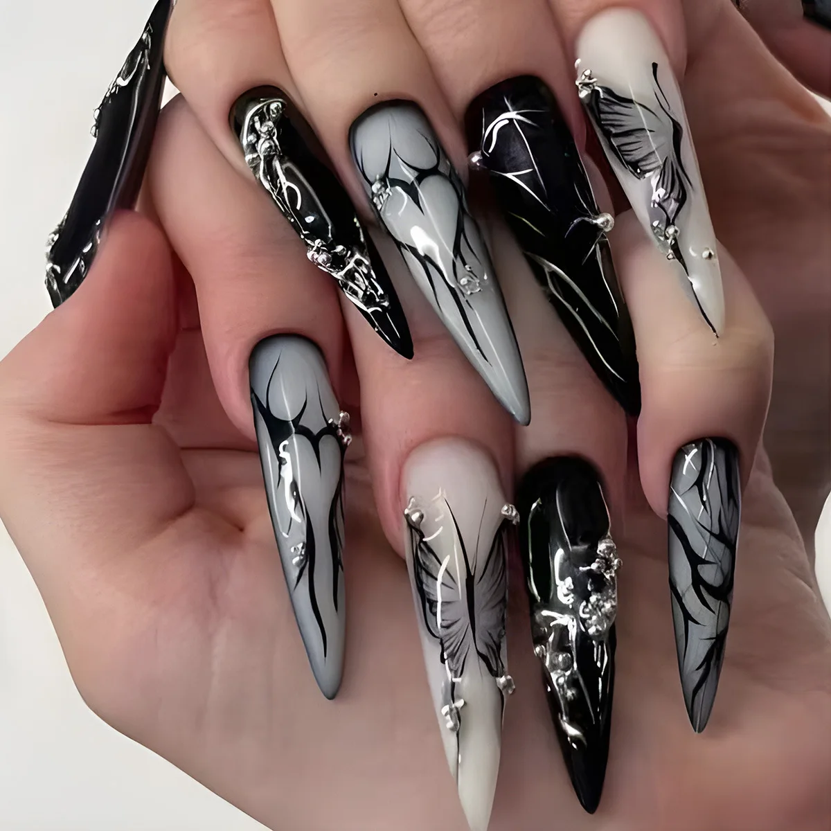 

24PCS Stiletto Fake Nails Dark Gothic Punk Love Butterfly Press on Nails European American Metallic Edgy Sweet Cool False Nails