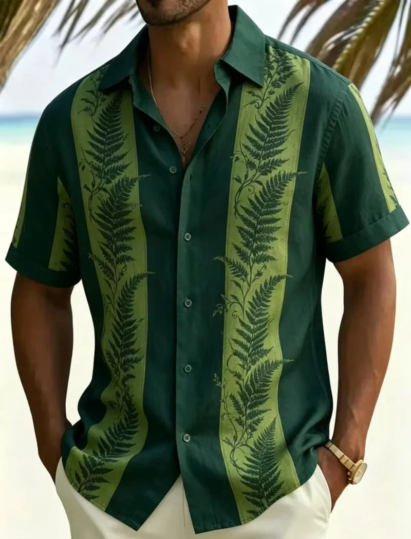 Men's Ethnic And Tropical Elements Vertical Stripe Printed Short Sleeved shirt, For Outdoors And Summer Leisure Occasions