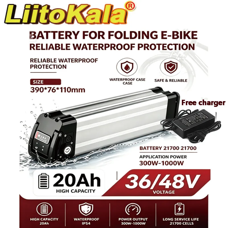 LiitoKala 36V 48V 20AH Silberfisch-Lithiumbatterie Hochleistungs-Zellen für 500W Elektrofahrrad E-Bike
