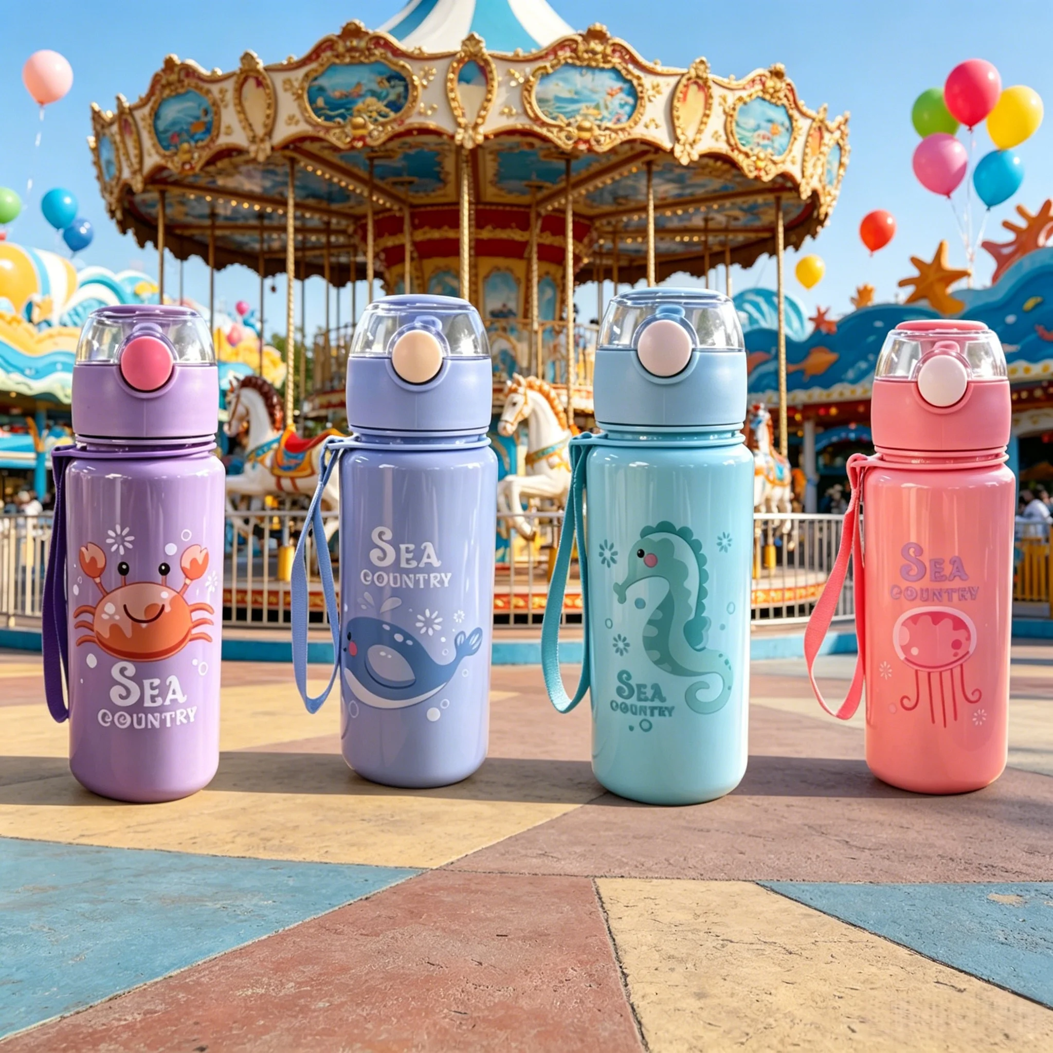 1PC New Cute Marine Animal Print Plastic Water Bottle, Crab Whale Seahorse Jellyfish Pattern, Flip Sealed Portable Straight