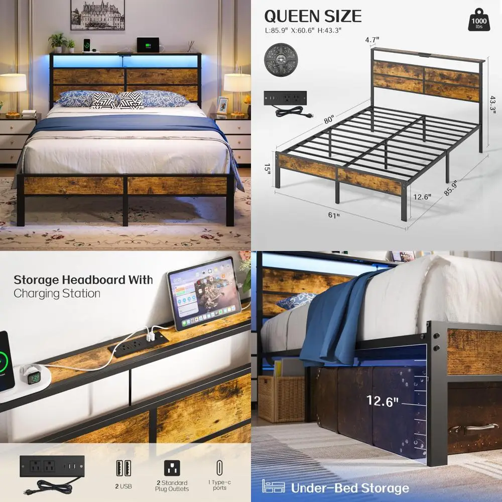 

Queen-Size Metal Platform Bed with LED-Lit Headboard and USB Charging Ports, No Box Spring Required
