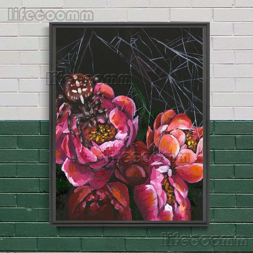 Creepy Crawler,Skull And Peonies Vintage Wall Art Canvas Painting Witchcraft Bat,Crow,Moth Abstract Art Poster Print Home Decor