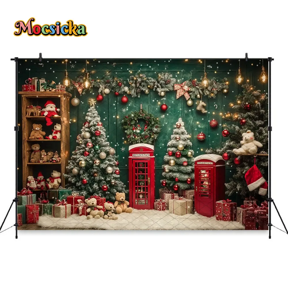 Mocsicka 3D Santa Workshop Background Photography Toy Gift Xmas Tree Letterbox Carpet Floor Backdrop Winter Kid Family Photo