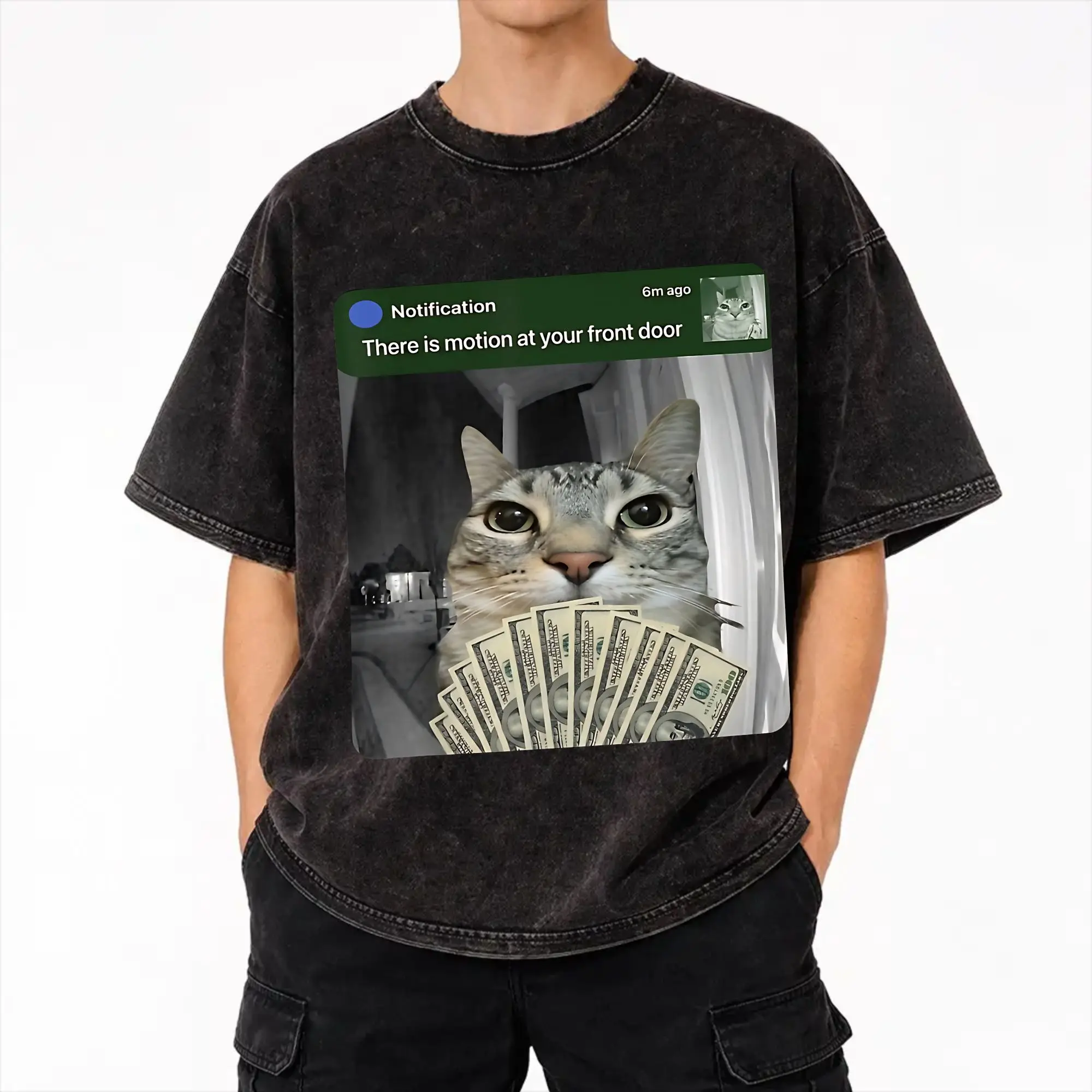 Ring Cat with Motion Meme   Outfit Washed T Shirt Men Women Streetwear Hip Hop T-Shirt Graphic Printed  Tees Short Sleeve
