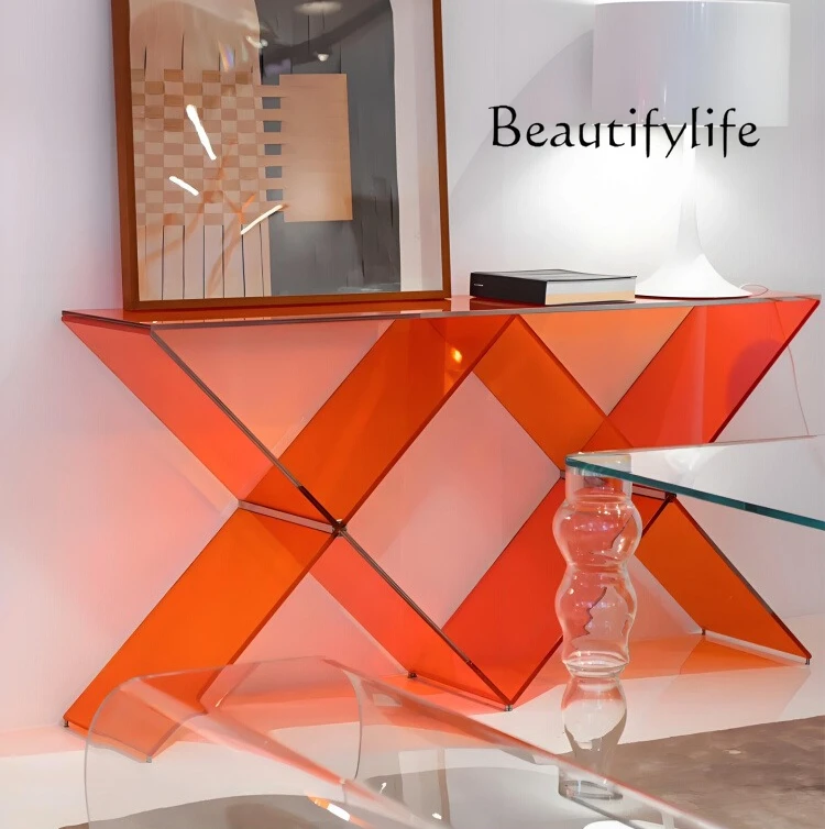 

Italian minimalist colored glass entrance table facing the door against the wall Art decoration fashion