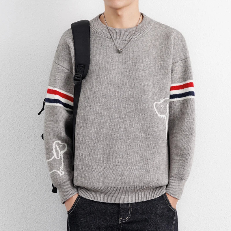 Best Seller Loose Man Long-Sleeved Knitwear Round Neck Striped Pattern Daily Commuting Winter New Trend Pullover Leisure Sweater