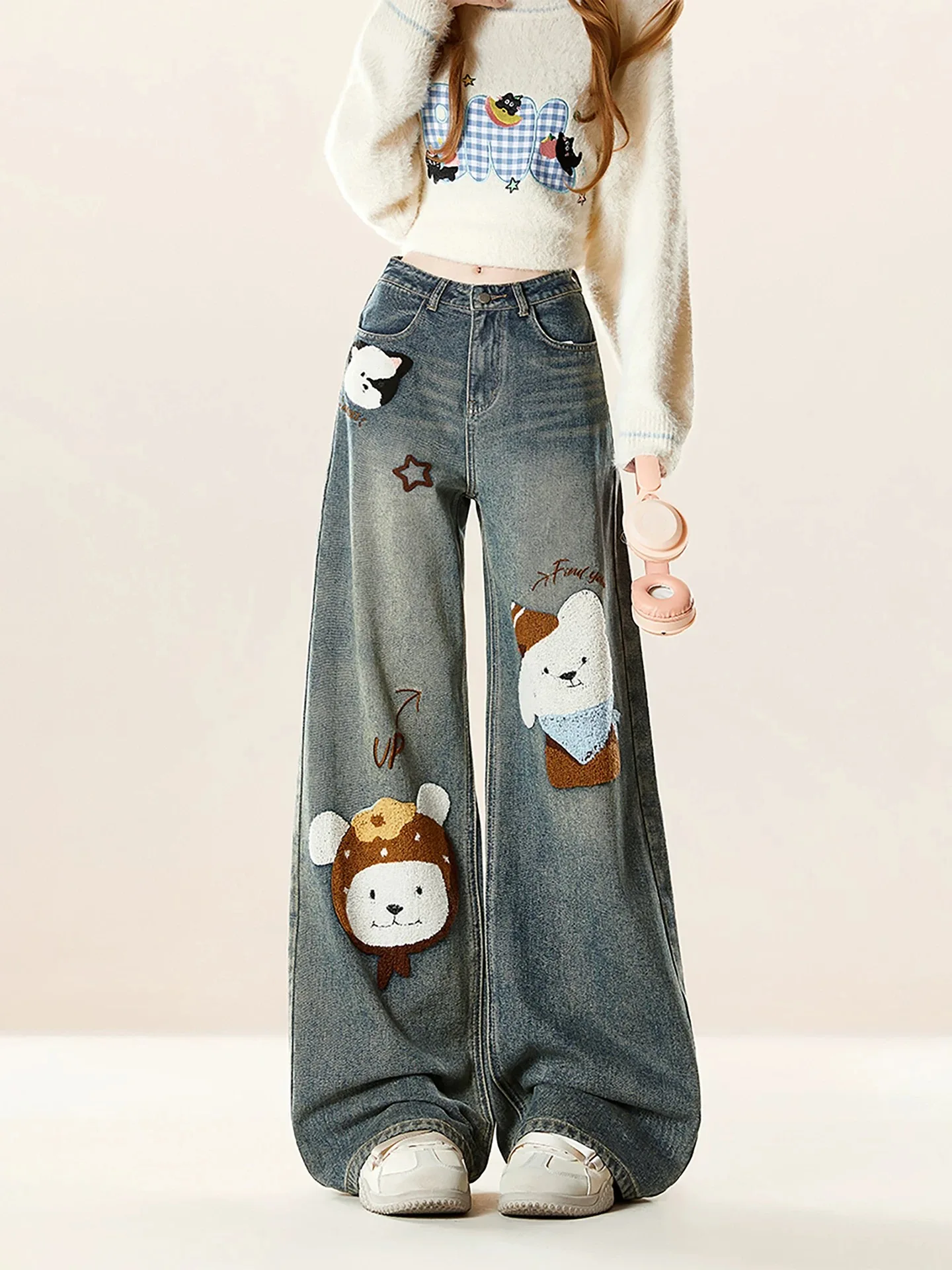 Y2K Wide Leg Jeans Women American Style Distressed Washed Puppy Patch Denim Pants Autumn Winter