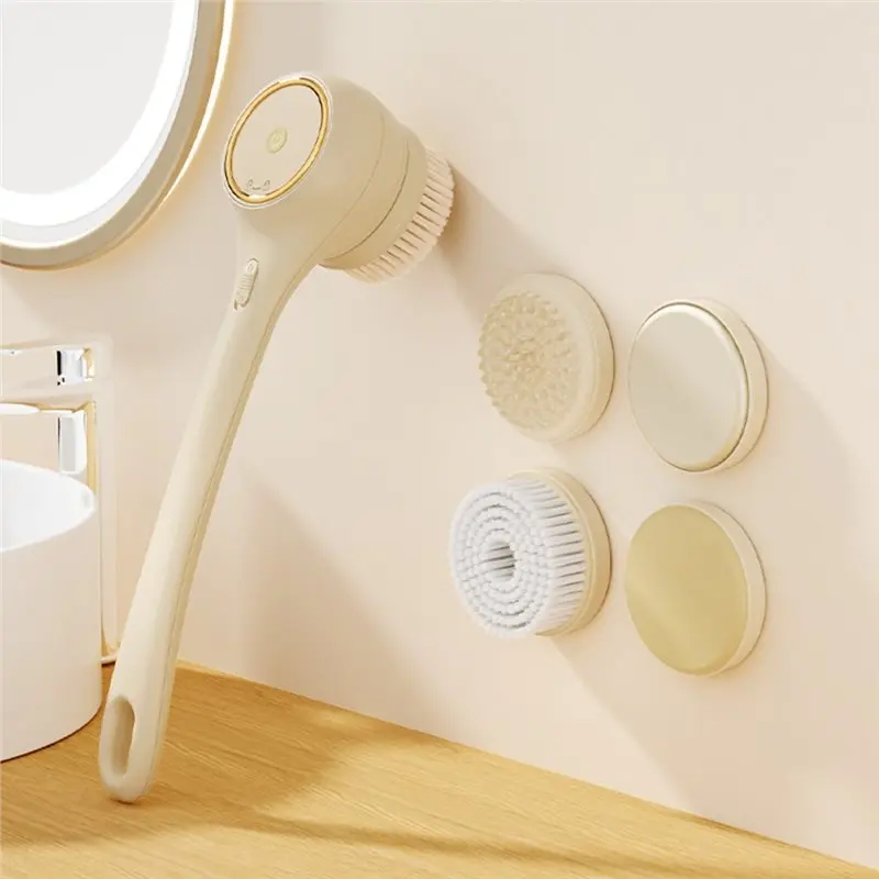 Efficient-Electric Body Brush Back Scrubber Waterproof Rechargeable Bath & Body Brush Long Dual Handle 5 Heads, 2 Speeds Nylon