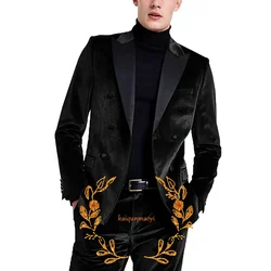 Velvet Men's Suit 2 Piece Double Breasted Blazer Formal Party Dress Wedding Groom Tuxedo Jacket Pants