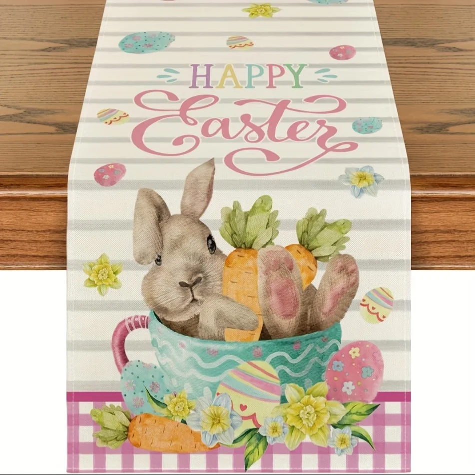 1 Easter Egg Carrot Bunny Table Runner Single Sided 2D Print Cheerful Table Mat Home Dining Room Festive Vibe Decor Easter Gift