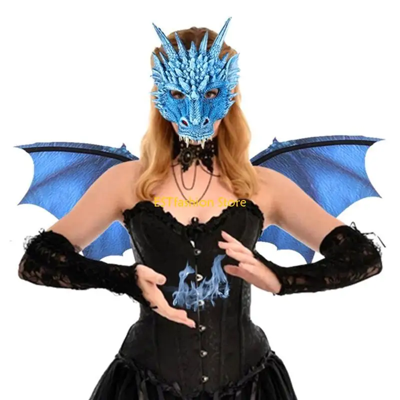 Y5GC Realistic Dinosaur Cosplay Mask and Wings Set hally Halloween Dragon Costume con cinturino per elasticità per donne adulte