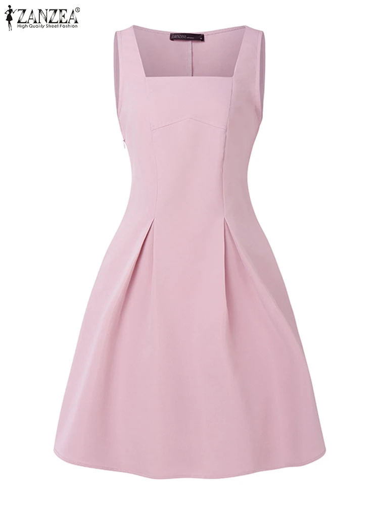 2025 Women Square Neck Sleeveless Party Dress ZANZEA Summer Sundress Elegant Solid A Line Mini Dresses Stylish Holiday Vestidos