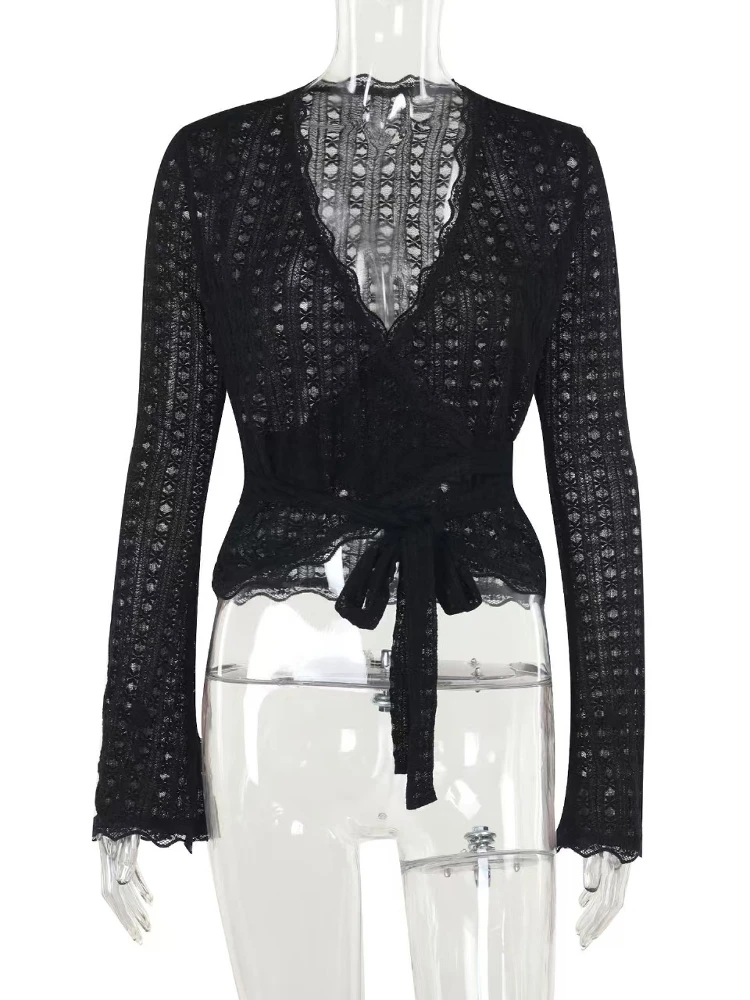 Cardigan tricoté ajouré, Sexy, transparent, V Ne attaché, haut Slim, Long, en Fiber de Polyester, pour les déplacements, couleur Pure